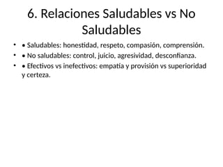 6. Relaciones Saludables vs No
Saludables
• • Saludables: honestidad, respeto, compasión, comprensión.
• • No saludables: control, juicio, agresividad, desconfianza.
• • Efectivos vs inefectivos: empatía y provisión vs superioridad
y certeza.
 