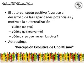 El auto-concepto positivo favorece el desarrollo de las capacidades potenciales y motiva a la autorrealización ¿Cómo me veo? ¿Cómo quisiera verme? ¿Cómo creo que me ven los otros? Autoestima,  “ Percepción Evolutiva de Uno Mismo” 