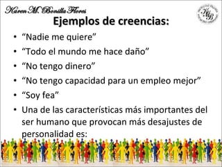 Ejemplos de creencias: “ Nadie me quiere” “ Todo el mundo me hace daño” “ No tengo dinero” “ No tengo capacidad para un empleo mejor” “ Soy fea” Una de las características más importantes del ser humano que provocan más desajustes de personalidad es: 