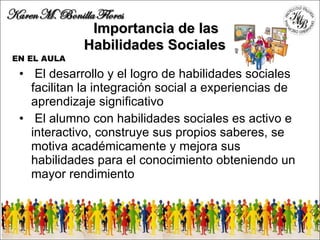 El desarrollo y el logro de habilidades sociales facilitan la integración social a experiencias de aprendizaje significativo El alumno con habilidades sociales es activo e interactivo, construye sus propios saberes, se motiva académicamente y mejora sus habilidades para el conocimiento obteniendo un mayor rendimiento   Importancia de las  H abilidades  S ociale s  EN EL AULA  