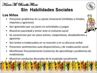 Sin  H abilidades  S ociale s  Presentan problemas en su ajuste emocional (inhibidos y tímidos, impulsos y agresivos) Son ignorados por sus pares en actividades y juegos Muestran pasividad y temor ante el contacto social Se caracterizan por ser poco activos, cooperativos, desobedientes y agresivos Son lentos o inadecuados en su reacción y en su discurso verbal Presentan sentimientos auto despreciativos y de inadecuación social Manifiestan frecuentemente trastornos de aprendizaje y problemas de rendimiento Muestran conductas desviadas de lo aceptado socialmente   Los Niños 