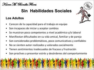Sin  H abilidades  S ociale s  Carecen de la capacidad para el trabajo en equipo Son incapaces de iniciar y aceptar cambios Se muestran poco competentes a nivel académico y/o laboral Manifiestan dificultades en su vida amical, familiar y de pareja Son considerados problemáticos, poco comunicativos y confiables No se sienten autor realizados y valorados socialmente Tienen sentimientos inadecuados de fracaso y frustración Son proclives a presentar estrés y desórdenes del comportamiento  Los Adultos 