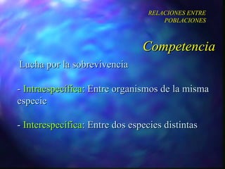 Lucha por la sobrevivencia -  Intraespecífica : Entre organismos de la misma especie -  Interespecífica : Entre dos especies distintas Competencia RELACIONES ENTRE POBLACIONES 