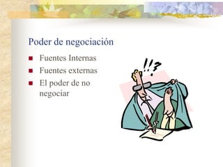 Poder de negociación
   Fuentes Internas
   Fuentes externas
   El poder de no
    negociar
 