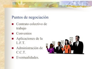 Puntos de negociación
   Contrato colectivo de
    trabajo
   Convenios
   Aplicaciones de la
    L.F.T.
   Administración de
    C.C.T.
   Eventualidades.
 