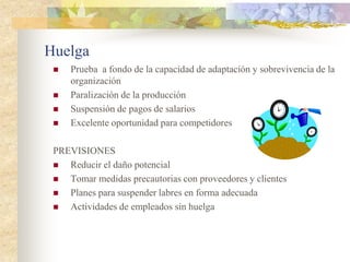 Huelga
    Prueba a fondo de la capacidad de adaptación y sobrevivencia de la
     organización
    Paralización de la producción
    Suspensión de pagos de salarios
    Excelente oportunidad para competidores

 PREVISIONES
   Reducir el daño potencial
   Tomar medidas precautorias con proveedores y clientes
   Planes para suspender labres en forma adecuada
   Actividades de empleados sin huelga
 