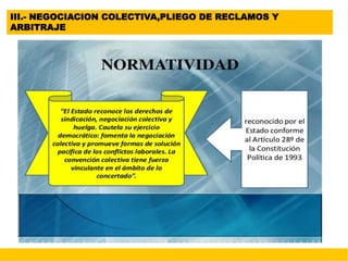 III.- NEGOCIACION COLECTIVA,PLIEGO DE RECLAMOS Y
ARBITRAJE
 