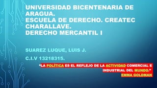 UNIVERSIDAD BICENTENARIA DE
ARAGUA.
ESCUELA DE DERECHO. CREATEC
CHARALLAVE.
DERECHO MERCANTIL I
SUAREZ LUQUE, LUIS J.
C.I.V 13218315.
“LA POLÍTICA ES EL REFLEJO DE LA ACTIVIDAD COMERCIAL E
INDUSTRIAL DEL MUNDO.”
EMMA GOLDMAN
 