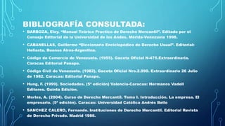BIBLIOGRAFÍA CONSULTADA:
• BARBOZA, Eloy. “Manual Teórico Practico de Derecho Mercantil”. Editado por el
Consejo Editorial de la Universidad de los Andes. Mérida-Venezuela 1998.
• CABANELLAS, Guillermo “Diccionario Enciclopédico de Derecho Usual”. Editorial:
Heliasta. Buenos Aires-Argentina.
• Código de Comercio de Venezuela. (1955). Gaceta Oficial N-475.Extraordinaria.
Caracas Editorial Panapo.
• Código Civil de Venezuela. (1982), Gaceta Oficial Nro.2.990. Extraordinario 26 Julio
de 1982. Caracas: Editorial Panapo.
• Hung, F. (1999). Sociedades. (5ª edición) Valencia-Caracas: Hermanos Vadell
Editores. Quinta Edición.
• Morles, A. (2004). Curso de Derecho Mercantil. Tomo I. Introducción. La empresa. El
empresario. (5ª edición). Caracas: Universidad Católica Andrés Bello
• SANCHEZ CALERO, Fernando. Instituciones de Derecho Mercantil. Editorial Revista
de Derecho Privado. Madrid 1986.
 
