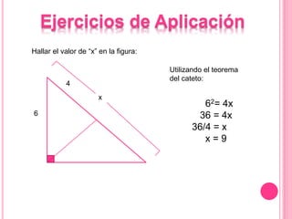 Ejercicios de Aplicación
6
4
x
Hallar el valor de “x” en la figura:
Utilizando el teorema
del cateto:
62= 4x
36 = 4x
36/4 = x
x = 9
 