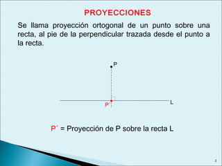 L
2
PROYECCIONES
Se llama proyección ortogonal de un punto sobre una
recta, al pie de la perpendicular trazada desde el punto a
la recta.
P
P´
P´ = Proyección de P sobre la recta L
 