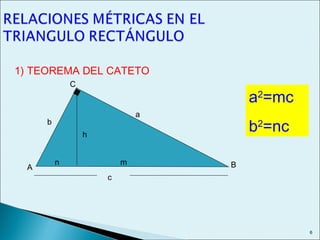 1) TEOREMA DEL CATETO
n m
c
A
C
B
b
a
a2
=mc
b2
=nch
6
 