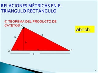 4) TEOREMA DEL PRODUCTO DE
CATETOS
n m
c
A
C
B
b
a
ab=ch
h
9
 