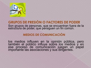 GRUPOS DE PRESIÒN O FACTORES DE PODER
Son grupos de personas, que se encuentran fuera de la
estructura de poder, que persiguen un fin común.

          MEDIOS DE COMUNICACIÒN

los medios influyen en la opinión pública, pero
también el público influye sobre los medios y en
ese proceso de comunicación juegan un papel
importante las asociaciones y sus dirigentes.
 