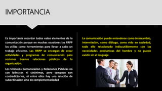 IMPORTANCIA
Es importante recordar todos estos elementos de la
comunicación porque en muchas ocasiones las RRPP
las utiliza como herramientas para llevar a cabo un
trabajo eficiente. Las RRPP se encargan de crear
actividades y programas de comunicación para
sostener buenas relaciones públicos de la
organización.
Los términos Comunicación y Relaciones Públicas no
son idénticos ni sinónimos, pero tampoco son
contradictorios, ni entre ellos hay una relación de
subordinación sino de complementariedad
La comunicación puede entenderse como intercambio,
interrelación, como diálogo, como vida en sociedad,
todo ello relacionado indiscutiblemente con las
necesidades productivas del hombre y no puede
existir sin el lenguaje.
 