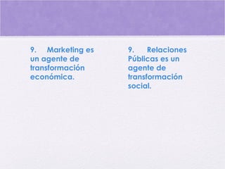 9.     Marketing es
un agente de
transformación
económica.
9.      Relaciones
Públicas es un
agente de
transformación
social.
 
