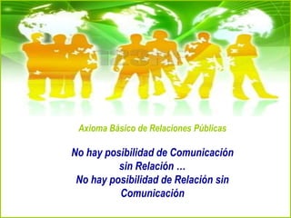 Axioma Básico de Relaciones Públicas
No hay posibilidad de Comunicación
sin Relación …
No hay posibilidad de Relación sin
Comunicación
 