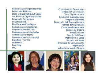 Comunicación Organizacional
Relaciones Públicas
Ética y Responsabilidad Social
Los Públicos Organizacionales
Desarrollo Estratégico
Organizacional
Planificación Estratégica
Comunicación Estratégica
Comunicación de Crisis
Comunicaciones Integradas
Comunicación Interna
Comunicación Instrumental
Branding – Naming
Liderencia
Coaching
PNL
Competencias Gerenciales
Tendencias Gerenciales
Clima Organizacional
Gramática Organizacional
Imagen e Identidad
Desarrollo del Talento Humano
Perfiles generacionales
Evolución Generacional
Equipos de trabajo
Redes Sociales
Manejo del Estrés
Motivación al Logro
Servicio al Cliente
Empresas de Comunicación
Negociación
Administración del Tiempo
 