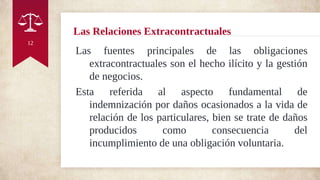 Las Relaciones Extracontractuales
Las fuentes principales de las obligaciones
extracontractuales son el hecho ilícito y la gestión
de negocios.
Esta referida al aspecto fundamental de
indemnización por daños ocasionados a la vida de
relación de los particulares, bien se trate de daños
producidos como consecuencia del
incumplimiento de una obligación voluntaria.
12
 