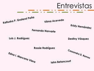 Entrevistas



Luis J. Rodríguez                         Destiny Vásquez


                    Rossie Rodríguez
 