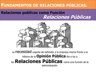 Relaciones publicas como Función
FUNDAMENTOS DE RELACIONES PÚBLICAS.
Relaciones Públicas
La necesidad urgente de defender a la empresa misma frente a la
tribuna de la Opinión Pública dio a luz a
las Relaciones Públicas como una función de la
administración.
 