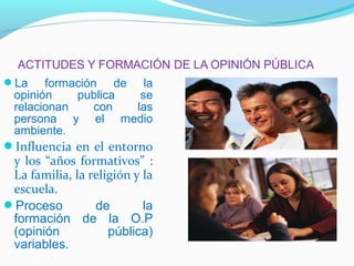 La    formación de la
 opinión    publica     se
 relacionan     con    las
 persona y el medio
 ambiente.
Influencia en el entorno
 y los “años formativos” :
 La familia, la religión y la
 escuela.
Proceso         de        la
 formación de la O.P
 (opinión           pública)
 variables.
 