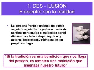 1. DES - ILUSIÓN
           Encuentro con la realidad

 •   La persona frente a un impacto puede
     seguir la siguiente trayectoria: pasar de
     sentirse perseguido o maldecido por el
     discurso social a autoperseguirse y
     automaldecirse convirtiéndose en su
     propio verdugo



“Si la tradición es una bendición que nos llega
  del pasado, es también una maldición que
            amenaza nuestro futuro”
 