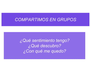 COMPARTIMOS EN GRUPOS



 ¿Qué sentimiento tengo?
    ¿Qué descubro?
  ¿Con qué me quedo?
 