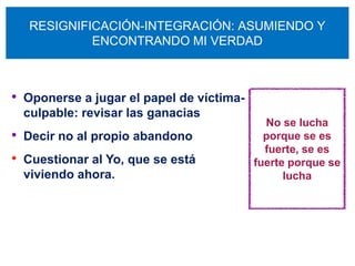 RESIGNIFICACIÓN-INTEGRACIÓN: ASUMIENDO Y
            ENCONTRANDO MI VERDAD



• Oponerse a jugar el papel de víctima-
  culpable: revisar las ganacias
                                            No se lucha
• Decir no al propio abandono               porque se es
                                            fuerte, se es
• Cuestionar al Yo, que se está           fuerte porque se
  viviendo ahora.                               lucha
 