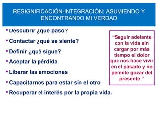 RESIGNIFICACIÓN-INTEGRACIÓN: ASUMIENDO Y
           ENCONTRANDO MI VERDAD

• Descubrir ¿qué pasó?
                                           “Seguir adelante
• Contactar ¿qué se siente?                 con la vida sin
• Definir ¿qué sigue?                       cargar por más
                                            tiempo el dolor
• Aceptar la pérdida                     que nos hace vivir
                                         en el pasado y no
• Liberar las emociones                   permite gozar del
                                               presente ”
• Capacitarnos para estar sin el otro
• Recuperar el interés por la propia vida.
 