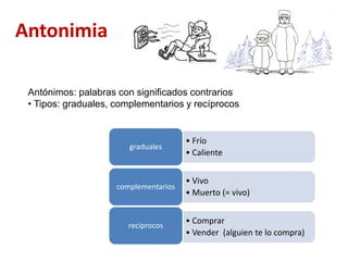 Antonimia
• Frío
• Caliente
graduales
• Vivo
• Muerto (= vivo)
complementarios
• Comprar
• Vender (alguien te lo compra)
recíprocos
Antónimos: palabras con significados contrarios
• Tipos: graduales, complementarios y recíprocos
 
