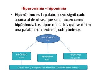 Hiperonimia - hiponimia
• Hiperónimo es la palabra cuyo significado
abarca al de otras, que se conocen como
hipónimos. Los hipónimos a los que se refiere
una palabra son, entre sí, cohipónimos
HIPERÓNIMO:
flor
HIPÓNIMO
clavel HIPÓNIMO
rosa
HIPÓNIMO
margarita
Clavel, roca y margarita son términos COHIPÓNIMOS entre sí
 
