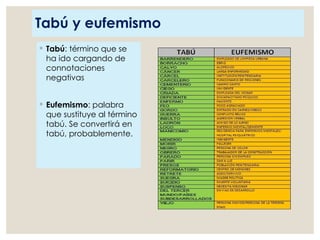 Tabú y eufemismo
◦ Tabú: término que se
ha ido cargando de
connotaciones
negativas
◦ Eufemismo: palabra
que sustituye al término
tabú. Se convertirá en
tabú, probablemente.
 