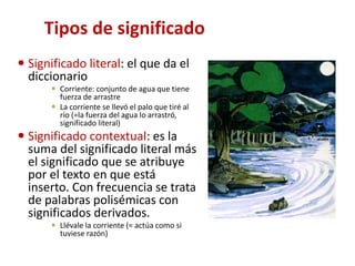 Tipos de significado
 Significado literal: el que da el
diccionario
 Corriente: conjunto de agua que tiene
fuerza de arrastre
 La corriente se llevó el palo que tiré al
río (=la fuerza del agua lo arrastró,
significado literal)
 Significado contextual: es la
suma del significado literal más
el significado que se atribuye
por el texto en que está
inserto. Con frecuencia se trata
de palabras polisémicas con
significados derivados.
 Llévale la corriente (= actúa como si
tuviese razón)
 