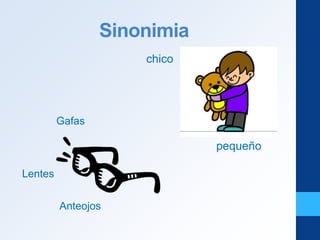 Sinonimia
pequeño
chico
Lentes
Gafas
Anteojos
 
