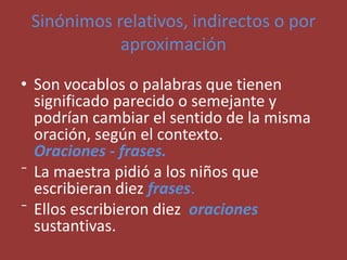 Sinónimos relativos, indirectos o por
aproximación
• Son vocablos o palabras que tienen
significado parecido o semejante y
podrían cambiar el sentido de la misma
oración, según el contexto.
Oraciones - frases.
⁻ La maestra pidió a los niños que
escribieran diez frases.
⁻ Ellos escribieron diez oraciones
sustantivas.
⁻
 