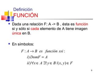 9
Definición
FUNCIÓN
 Dada una relación F: A -> B , ésta es función
si y sólo si cada elemento de A tiene imagen
única en B.
 En símbolos:
: :
)
) ! /( , )
F A B es función ssi
i DomF A
ii x A y B x y F
→
=
∀ ∈ ∃ ∈ ∈
 
