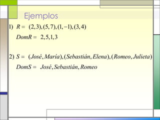 Ejemplos
1) R    (2,3), (5, 7), (1, 1), (3, 4)
  DomR       2,5,1,3


2) S    ( José , María), ( Sebastián, Elena), ( Romeo, Julieta)
  DomS       José , Sebastián, Romeo
 