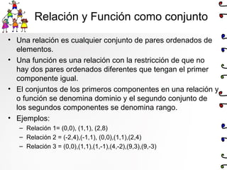 Relación y Función como conjunto
• Una relación es cualquier conjunto de pares ordenados de
elementos.
• Una función es una relación con la restricción de que no
hay dos pares ordenados diferentes que tengan el primer
componente igual.
• El conjuntos de los primeros componentes en una relación y
o función se denomina dominio y el segundo conjunto de
los segundos componentes se denomina rango.
• Ejemplos:
– Relación 1= (0,0), (1,1), (2,8)
– Relación 2 = (-2,4),(-1,1), (0,0),(1,1),(2,4)
– Relación 3 = (0,0),(1,1),(1,-1),(4,-2),(9,3),(9,-3)
 