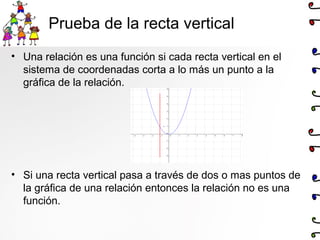Prueba de la recta vertical
• Una relación es una función si cada recta vertical en el
sistema de coordenadas corta a lo más un punto a la
gráfica de la relación.
• Si una recta vertical pasa a través de dos o mas puntos de
la gráfica de una relación entonces la relación no es una
función.
 
