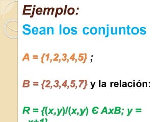 Ejemplo: 
Sean los conjuntos 
A = {1,2,3,4,5} ; 
B = {2,3,4,5,7} y la relación: 
R = {(x,y)/(x,y) Є AxB; y = 
x+1} 
 