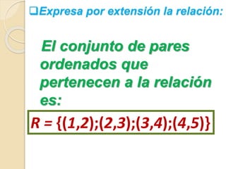 Expresa por extensión la relación: 
El conjunto de pares 
ordenados que 
pertenecen a la relación 
es: 
R = {(1,2);(2,3);(3,4);(4,5)} 
 