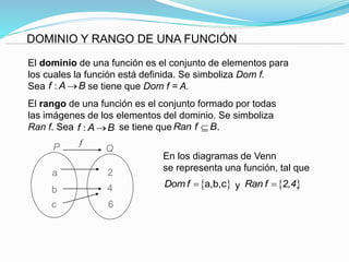 DOMINIO Y RANGO DE UNA FUNCIÓN
El dominio de una función es el conjunto de elementos para
los cuales la función está definida. Se simboliza Dom f.
Sea se tiene que Dom f = A.
El rango de una función es el conjunto formado por todas
las imágenes de los elementos del dominio. Se simboliza
Ran f. Sea se tiene que .
: f A B
Ran f B: f A B
a
b
c 6
4
2
P Q
f
En los diagramas de Venn
se representa una función, tal que
y . a,b,cDom f  Ran f 2,4
 