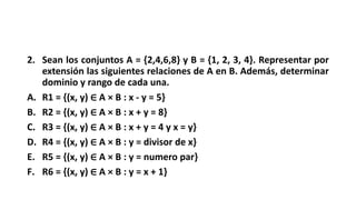 2. Sean los conjuntos A = {2,4,6,8} y B = {1, 2, 3, 4}. Representar por
extensión las siguientes relaciones de A en B. Ade...