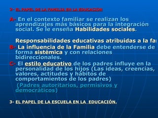 2-  EL PAPEL DE LA FAMILIA EN LA EDUCACIÓN A-  En el contexto familiar se realizan los aprendizajes más básicos para la integración social. Se le enseña  Habilidades sociales . Responsabilidades educativas atribuidas a la familia B-  La influencia de la Familia  debe entenderse de forma  sistémica  y con relaciones bidireccionales. C-  El  estilo educativo   de los padres influye en la personalidad de los hijos (Las ideas, creencias, valores, actitudes y hábitos de comportamientos de los padres) (Padres autoritarios, permisivos y democráticos ) 3-  EL PAPEL DE LA ESCUELA EN LA  EDUCACIÓN. 