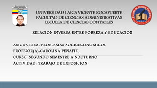 UNIVERSIDAD LAICA VICENTE ROCAFUERTE 
FACULTAD DE CIENCIAS ADMINISTRATIVAS 
ESCUELA DE CIENCIAS CONTABLES 
RELACION INVERSA ENTRE POBREZA Y EDUCACION 
ASIGNATURA: PROBLEMAS SOCIOECONOMICOS 
PROFESOR(A):CAROLINA PEÑAFIEL 
CURSO: SEGUNDO SEMESTRE A NOCTURNO 
ACTIVIDAD: TRABAJO DE EXPOSICION 
 