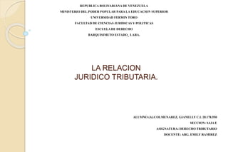 REPUBLICA BOLIVARIANA DE VENEZUELA
MINISTERIO DEL PODER POPULAR PARA LA EDUCACION SUPERIOR
UNIVERSIDAD FERMIN TORO
FACULTAD DE CIENCIAS JURIDICAS Y POLITICAS
ESCUELA DE DERECHO
BARQUISIMETO ESTADO_ LARA.
ALUMNO (A):COLMENAREZ, GIANELLY C.I. 20.178.550
SECCION: SAIA E
ASIGNATURA: DERECHO TRIBUTARIO
DOCENTE: ABG. EMILY RAMIREZ
LA RELACION
JURIDICO TRIBUTARIA.
 