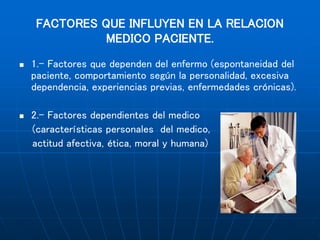 FACTORES QUE INFLUYEN EN LA RELACION
MEDICO PACIENTE.
 1.- Factores que dependen del enfermo (espontaneidad del
paciente, comportamiento según la personalidad, excesiva
dependencia, experiencias previas, enfermedades crónicas).
 2.- Factores dependientes del medico
(características personales del medico,
actitud afectiva, ética, moral y humana)
 