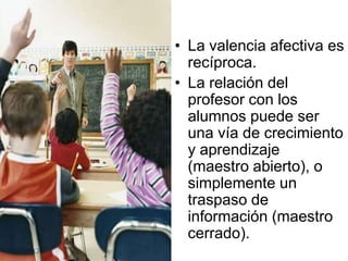 • La valencia afectiva es
  recíproca.
• La relación del
  profesor con los
  alumnos puede ser
  una vía de crecimiento
  y aprendizaje
  (maestro abierto), o
  simplemente un
  traspaso de
  información (maestro
  cerrado).
 