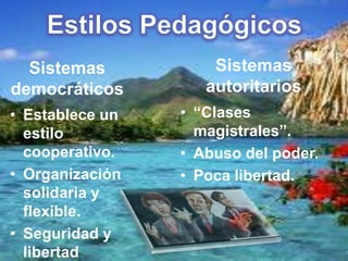 Sistemas           Sistemas
democráticos        autoritarios
• Establece un   • “Clases
  estilo           magistrales”.
  cooperativo.   • Abuso del poder.
• Organización   • Poca libertad.
  solidaria y
  flexible.
• Seguridad y
  libertad
 